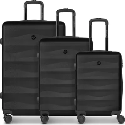 Three black trolleys of different sizes are arranged in a row on a white background.