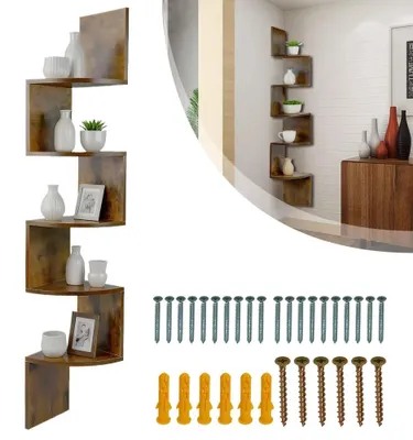 Produktbild von 5-stufiges Eckregal - Wandmontiertes Holzregal - Zickzack-Design - Für Bücher - Braun
