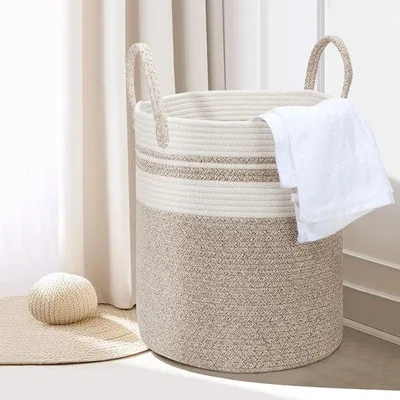 Image de Sacs à linge résistants en coton, bac à linge de 45 litres avec poignée, panier de tri du linge tissé, sacs à linge et sacs de rangement pour la buanderie, la chambre d'enfant, la salle de bains (35 cm × 40 cm), beige et blanc