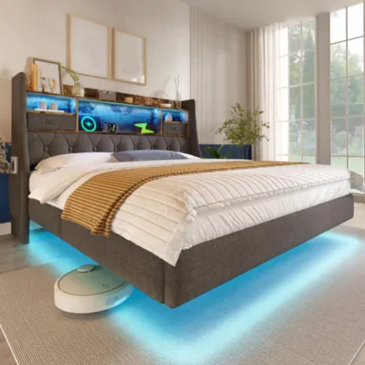 Produktbild von Polsterbett mit LED-Beleuchtung, Kopfteil und Ladestation(1 Type-C, 3 USB-Anschlüsse), Doppelbett mit Stauraum-Kopfteil und lattenrost (Ohne Matratze)