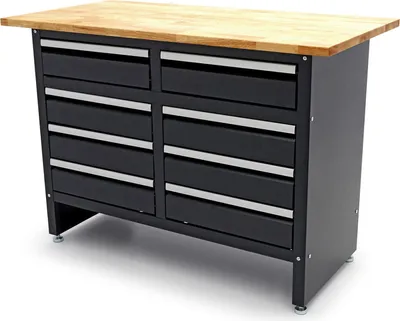 Immagine prodotto di Piano di lavoro, banco metallico da 120 cm con 8 cassetti e pianale in legno massiccio
