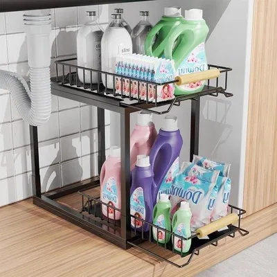 Produktbild von Famanu Waschbeckenregal und Küchenschrankorganizer schwarz - Reinigungsmittelorganizer - Metallregal für Bad und Küche