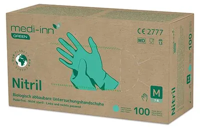 Produktbild von "Medi-Inn GREEN" Handschuhe, Nitril puderfrei grün Größe: M biologisch abbaubar