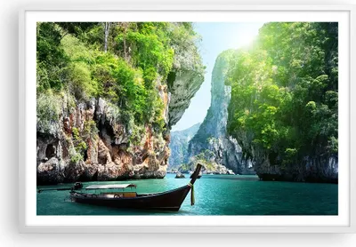 Produktbild von Gerahmtes Poster - Weißer Rahmen - Boot Klippen Natur Felsen - 91,5x61 cm - Wand Bild - Wanddeko - Wandbilder - Kunstposter - Wandposter - Bilderrahmen - Bilder - Kunstdruck - Wandbild P2WAA91x61-2787