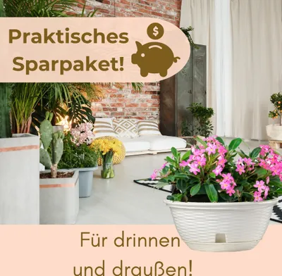 Produktbild von 2er Set Blumenampel Blumentopf hängend außen Hängetopf für Pflanzen Blumentöpfe zum aufhängen Hängeampel inkl. Kette Wandhalterung Rattan weiß