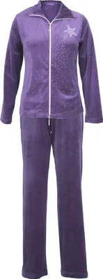 Produktbild von DeSen Damen Velours Nicki Hausanzug Freizeitanzug Nicki-Anzug mit Reißverschluss und Glitzersteinen Dunkel Lila 36/38