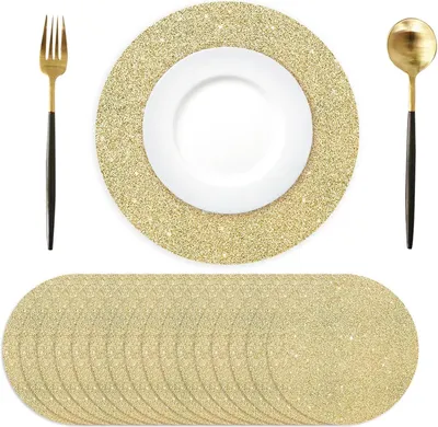 Produktbild von 50 Stück goldene Papier-Tabletts - Glitzerpapier - hellgold - Einweg-Tischsets - dekorativ - Esstisch Hochzeit - Geburtstag - Feier - Weihnachten