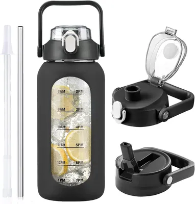 Produktbild von Glas Wasserflasche mit Silikonhülle, 2 Liter, mit Trinkhalm, für Sport und unterwegs