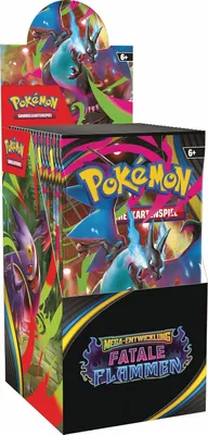 A display box of Pokemon trading card booster packs.