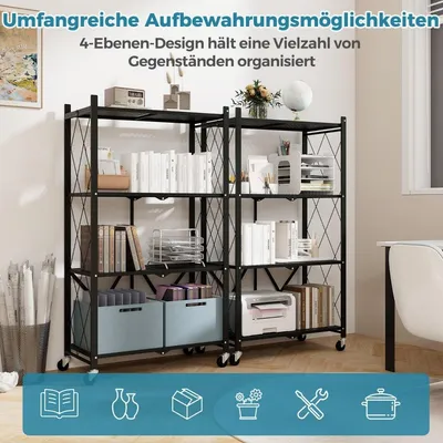 Immagine prodotto di Scaffale pieghevole per carichi pesanti, 4 livelli, scaffale con ruote bloccabili, nero, 71 x 34 x 126 cm