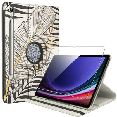 Image de Coque + Verre Trempé pour Samsung Galaxy Tab S9 (11 Pouces) Etui Rotatif 360° Multi-Angle Motif Feuille