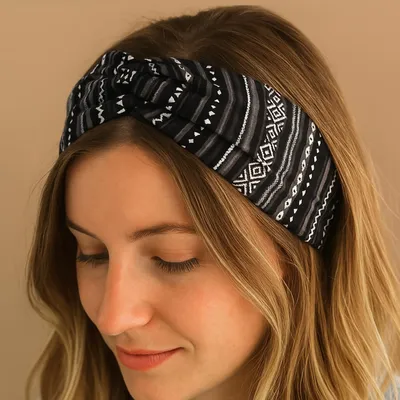 Immagine prodotto di Cerchietto in cotone azteco - nero boho con fascino etnico