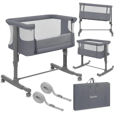 Produktbild von Lionelo Aurora 3in1 - Beistellbett, Babywiege, freistehendes Babybett - mit Matratze, mit Tragetasche, Stufenlose Höhenverstellung - Bis 9 kg - Grau