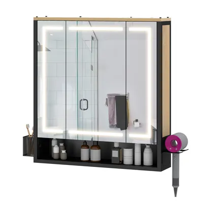 Produktbild von YITAHOME Spiegelschrank Bad mit LED, 3 Türen, Steckdosen, Wandschrank Badezimmerschrank, 70 x 15 x 75 cm, Schwarz