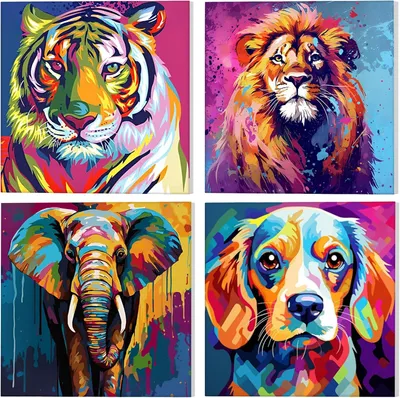Imagen del producto de Set de 4 cuadros para pintar por números, con diseños coloridos de animales para adultos y niños, incluyendo un león y un tigre para pintar tú mismo
