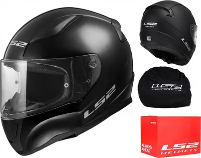 A black LS2 motorcycle helmet and its accessories are displayed against a white background.