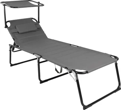 A grey foldable garden lounger with a canopy, shown on a white background.