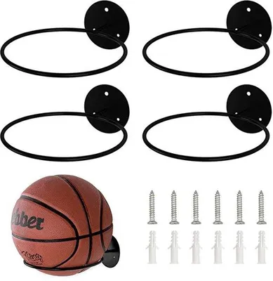 Image de Support mural pour ballons Ibzoa®, lot de 4, en métal, noir, diamètre 18,5 cm, avec anneaux renforcés, pour basketball, football, volleyball et rugby, avec vis incluses