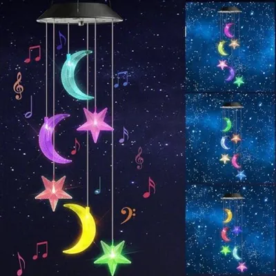 Produktbild von PolkaHome® Solar-Windspiel für Außen – Mond- und Sterne-Design, 6 LED, wasserdicht, mehrfarbig, für Garten, Balkon