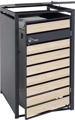 Produktbild von 1er Mülltonnenverkleidung HWC-J81, Mülltonnenbox, erweiterbar, Metall 32kg, anthrazit Buche-Holzoptik hellbraun