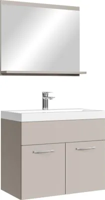 A bathroom vanity set with a mirror and sink.