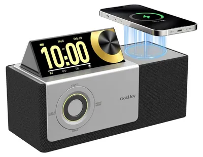 Obrázek produktu pro Bezdrátový reproduktor Přenosný reproduktor Bluetooth - 7 v 1 - 4000 mAh - S bezdrátovou nabíjecí stanicí a displejem budíku - Černý