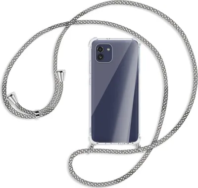 Produktbild von Handykette Backcover-Schutzhülle mit Band (Metall silberfarben) für Samsung Galaxy A03 4G - weiß/grau kariert
