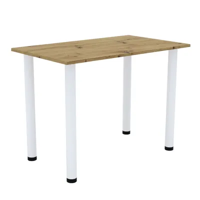 A product shot of a table with a wooden top and white legs, isolated on a white background.