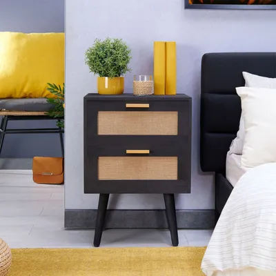 Produktbild von Nachttisch WAMAN mit 2 Schubladen, Nachtkommode aus Paulownia Holz und Jute Geflecht, Nachtschrank im Retro Design in schwarz, Boho