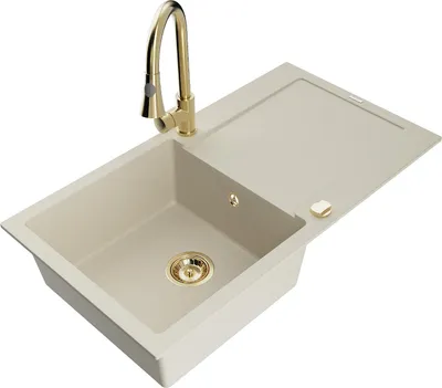 Immagine prodotto di Mexen Leo lavello in granito monovasca con scolapiatti e rubinetto da cucina Elia, beige - 6501-69-670101-50