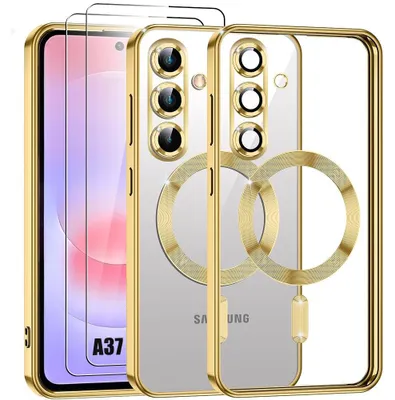 Image de Coque + 2 Verres Trempés pour Samsung Galaxy A37 5G, Protection TPU avec Cercle Magnétique - Doré