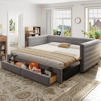 Immagine prodotto di Letto imbottito 90x190 cm, trasformabile in divano letto, con struttura a rete e 2 cassetti, convertibile in letto matrimoniale 180x190 cm