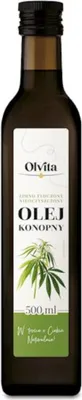 A bottle of Olvita hemp oil with a label showing hemp leaves.