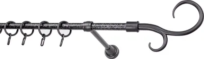 Produktbild von HEXIM Gardinenstange 2m kürzbar Vorhangstange 16mm Komplett inkl. Gardinenringe Haken Dübeln, 3 Farben (antik silber, Kringel Endstück)