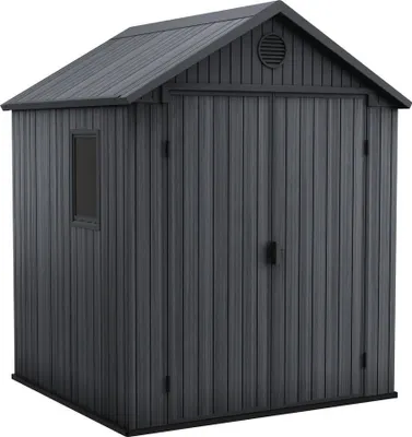 A dark gray Keter Darwin 66 shed is shown against a white background.