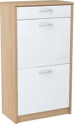 Produktbild von MATKAM Schuhschrank 2D1S in moderner Optik, B 50 x H 92 x T 28 cm, laminierte Möbelplatte 16 mm, mit Rückwand, 2 ausklappbare Schuhablagen, 1 Schublade für zusätzlichen Stauraum (Sonoma Eiche – Front in weiß)