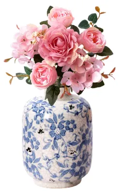 Produktbild von Blaue und Weiße Porzellanvase, Blumenvase aus Keramik, Kleine Rustikale Deko-Vasen, Handgefertigte Asiatische Vasen mit Antiker Eisriss-Glasur für die Heimdekoration 12,5 x 18,5 cm (S)