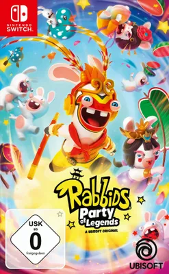 The image is a colorful and dynamic marketing image for the Nintendo Switch game 'Rabbids Party of Legends'. It features several Rabbid characters in various costumes, with the game's title prominently displayed. There are also elements like stars and conf
