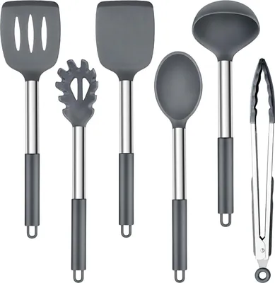 Produktbild von Silikon Küchenhelfer Set, 6 Stück Kochutensilien Kochbesteck Set mit Edelstahlgriff, Hitzebeständiger & Antihaft - Grau, Küche Kochen Backen