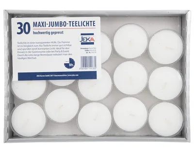 Obrázok produktu pre jeka Maxi čajové sviečky 30 ks - 9 h horenia - bez vône - Ø 38 mm - biely plastový kryt