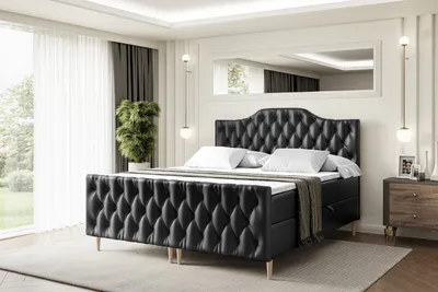 Produktbild von ALTDECOR Boxspringbett mit Holz Füßen, Matratze und Lattenrost, Topper, Fußteil, Polsterbett mit Bettkasten, Bett mit Stauraum H3-Matratze, Doppelbett - VILA-1-FD-Z - 180x200 - Schwarz Kunstleder