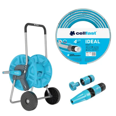 Obrázek produktu pro Cellfast Aluplus, vozík na hadice, 1/2", 60 m + Cellfast IDEAL, zahradní hadice, 1/2", 30 m + Sada s postřikovačem Cellfast Basic, 1/2"