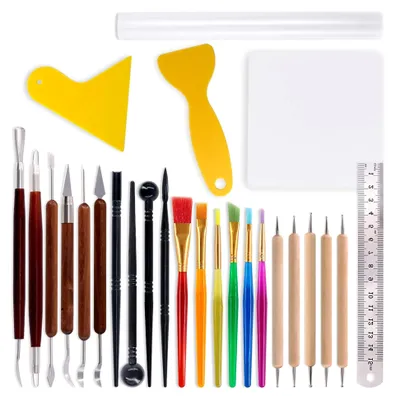 Produktbild von Modellierwerkzeug-Set mit doppelseitigem Griff, Aquarellstiften und Holz- sowie Kunststoffwerkzeugen, 26 Teile