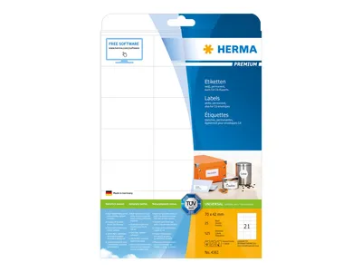 Zdjęcie produktu dla HERMA 4361, Biały, Samoprzylepne etykiety do drukowania, A4, Papier, Laser/Atrament, Na stałe