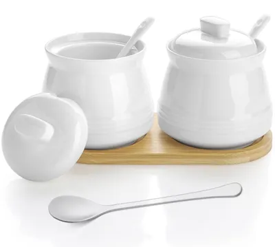 Suikerpot-Set 2er, Keramik, Weiß, 350 ml mit Deckel & Löffel