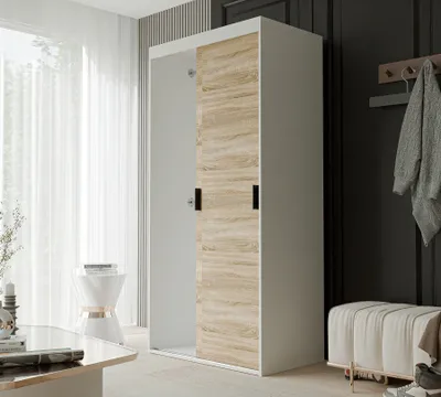 Produktbild von Schiebetürenschrank Kleiderschrank LUNA 100 cm mit Regalen und Kleiderstangen Schrank Garderobe Weiß Sonoma schwarze Griffe