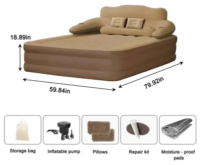Zdjęcie produktu dla Materac dmuchany dwuosobowy - Materac kempingowy - Z oparciem - 152x203x48 cm - Do użytku wewnątrz i na zewnątrz - Kolor brązowy