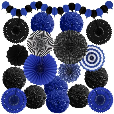 Produktbild von Party Dekoration Set - Pompoms Fächer und Girlande zum Aufhängen - Marineblau