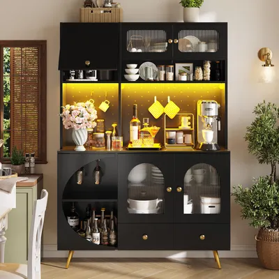 Imagen del producto de Armario de cocina alto de 120x40x176 cm con iluminación LED, puertos USB y enchufes, y aparador de MDF y vidrio