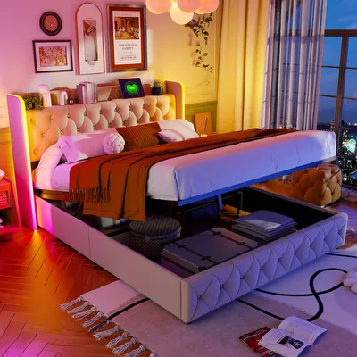 Produktbild von UnboxG Polsterbett 160x200cm mit USB, Jugendbett Doppelbett mit Lattenrost und Stauraum, Stauraumbett mit LED,Funktionsbett Jugendbett, Boxspringbett, Beige